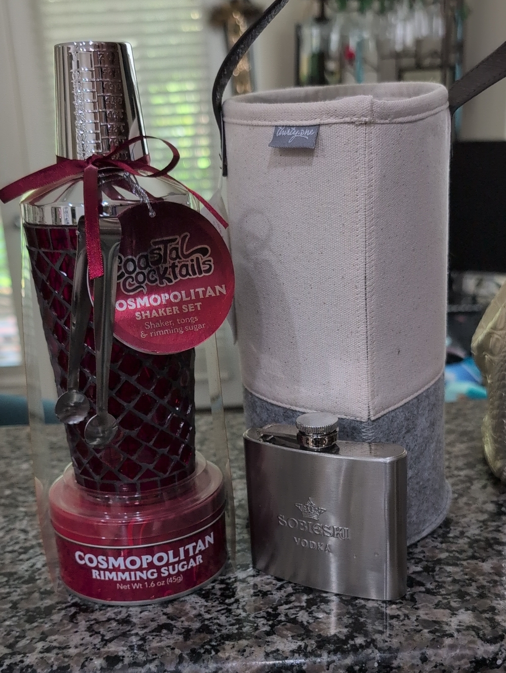 Drinky Bundle! Shaker Set , Wine Bottle Carrier, Flask And Rimming Sugar